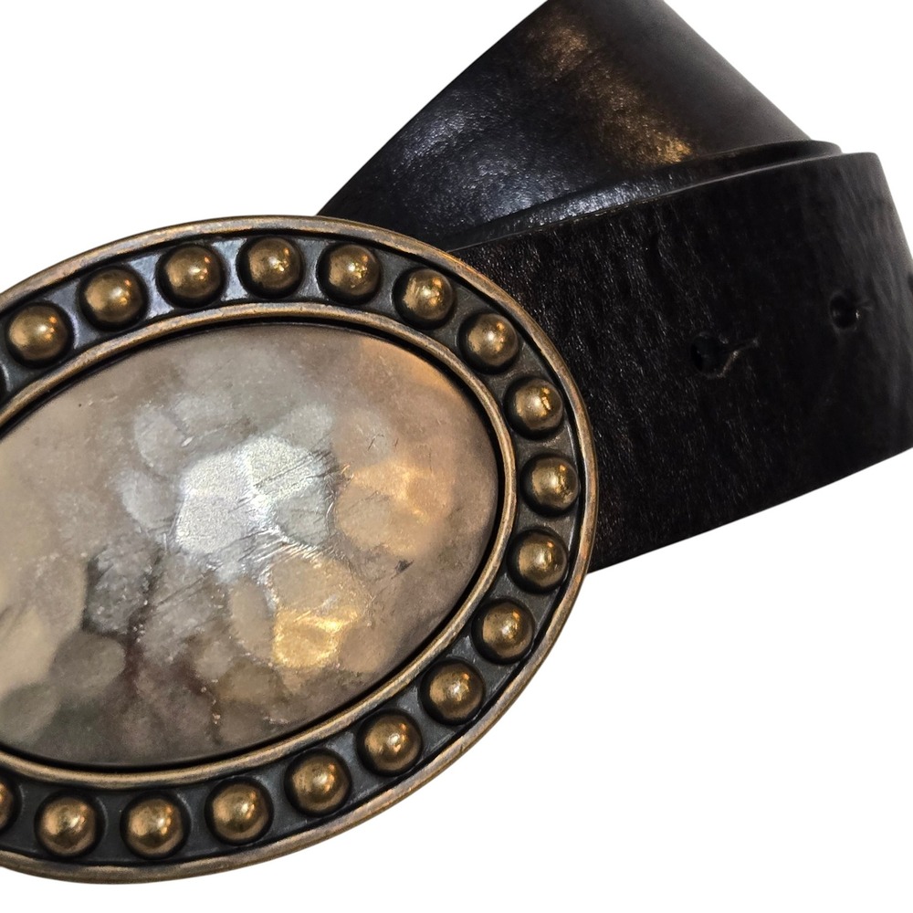 Fossil Belt Womens Large Black 1.5" Leather Studded Hammered large Oval Buckle